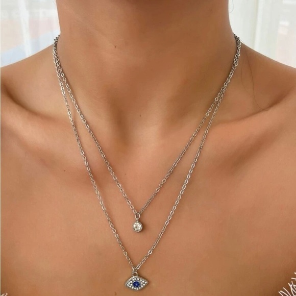 Blue Evil Eye Layered Silver Necklace - Picture 3 of 12